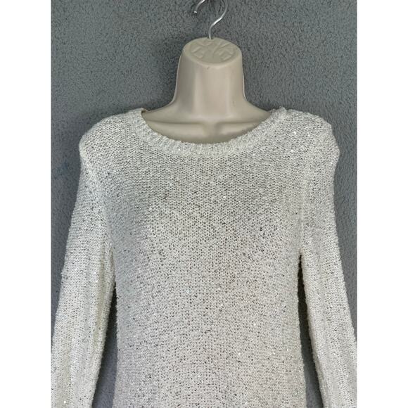 LOFT White Sequin Knit‎ Sweater Tunic Sheer Hem Women's Small - Picture 6 of 10